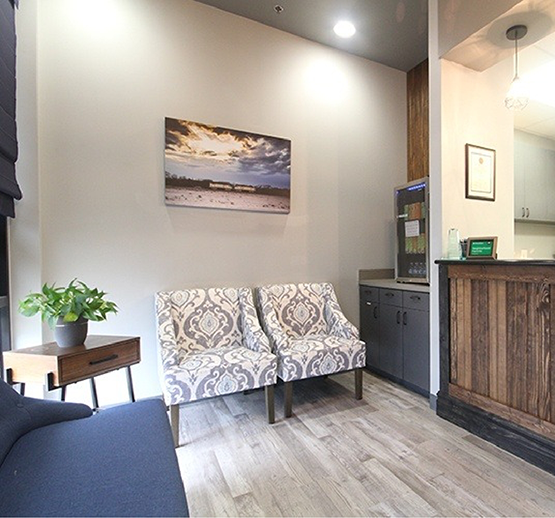 Patterned chairs in dental waiting room