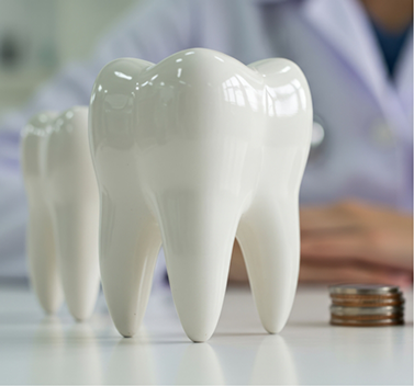 Two model teeth and stacks of coins
