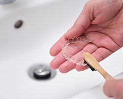 Closeup of patient cleaning aligners with toothbrush