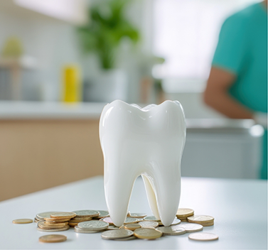 Model of tooth surrounded by coins