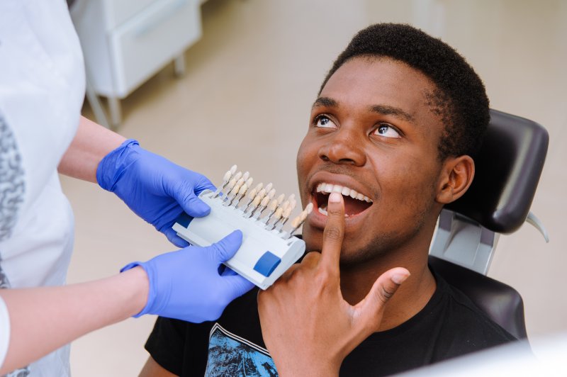 A man choosing his shade of veneer at a cosmetic dentistry consultation